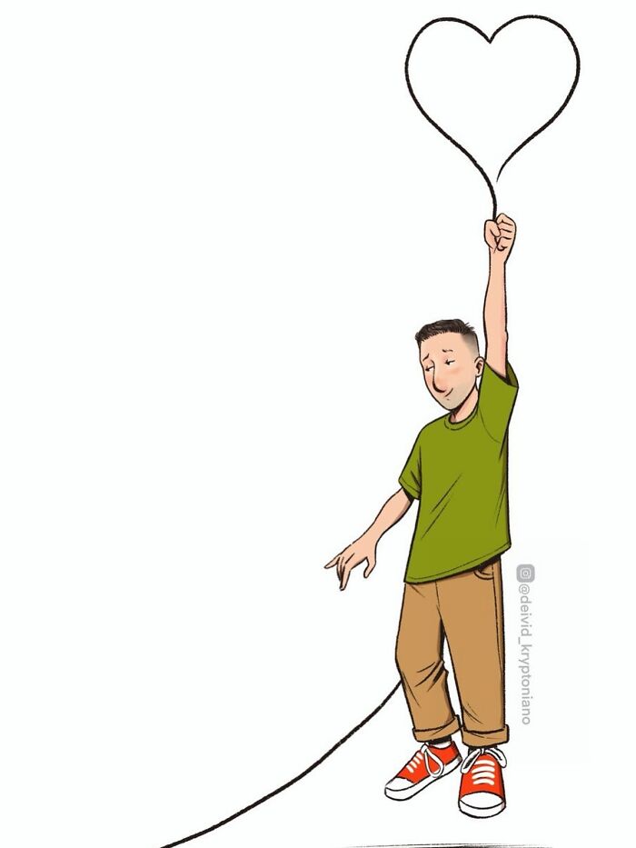An artist's reimagining of Doug Funnie as an adult, holding onto a heart-shaped string, floating with a content expression.