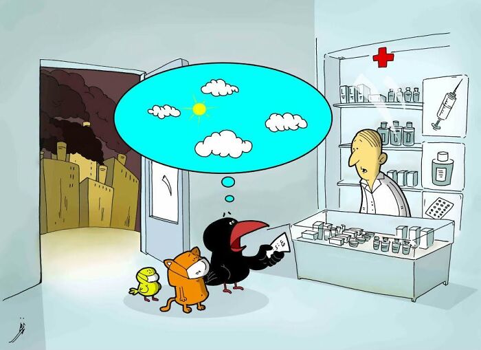 Satirical illustration featuring animals seeking medicine for pollution, reflecting modern society's environmental challenges.