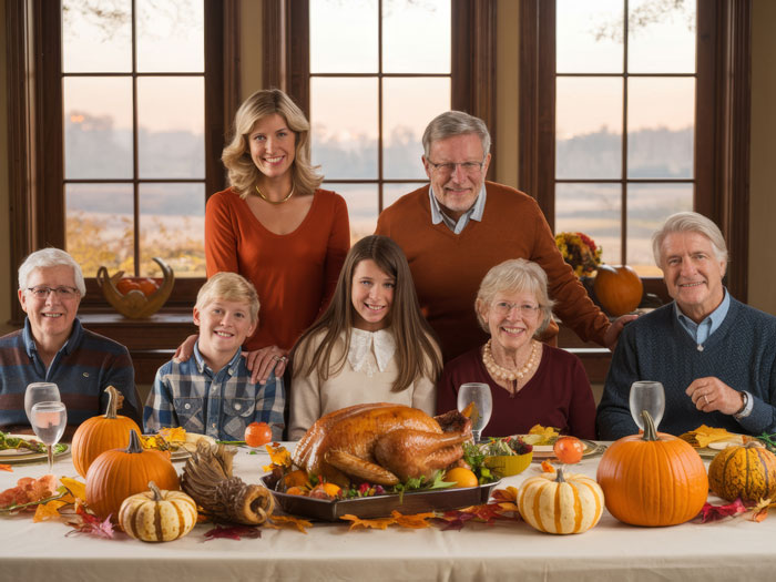 A family gathered around a Thanksgiving dinner table, with a MIL who might have used essential oils. A family gathered around a Thanksgiving dinner table, with a MIL who might have used essential oils.