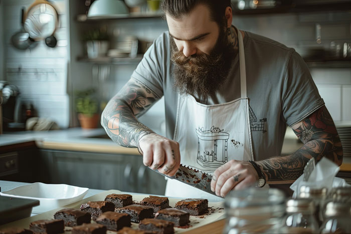A man with a beard and tattoos cutting brownies, keeping the recipe secret from mean teammates. A man with a beard and tattoos cutting brownies, keeping the recipe secret from mean teammates.