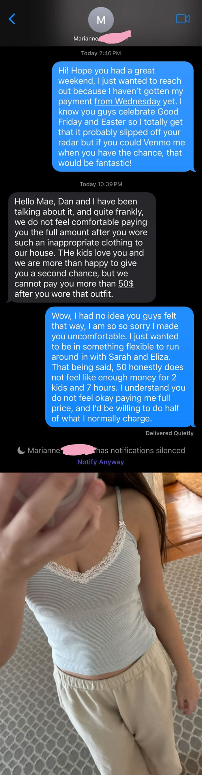 Text messages showing entitled parents offering half pay for babysitting their kids, highlighting delusional parent expectations.