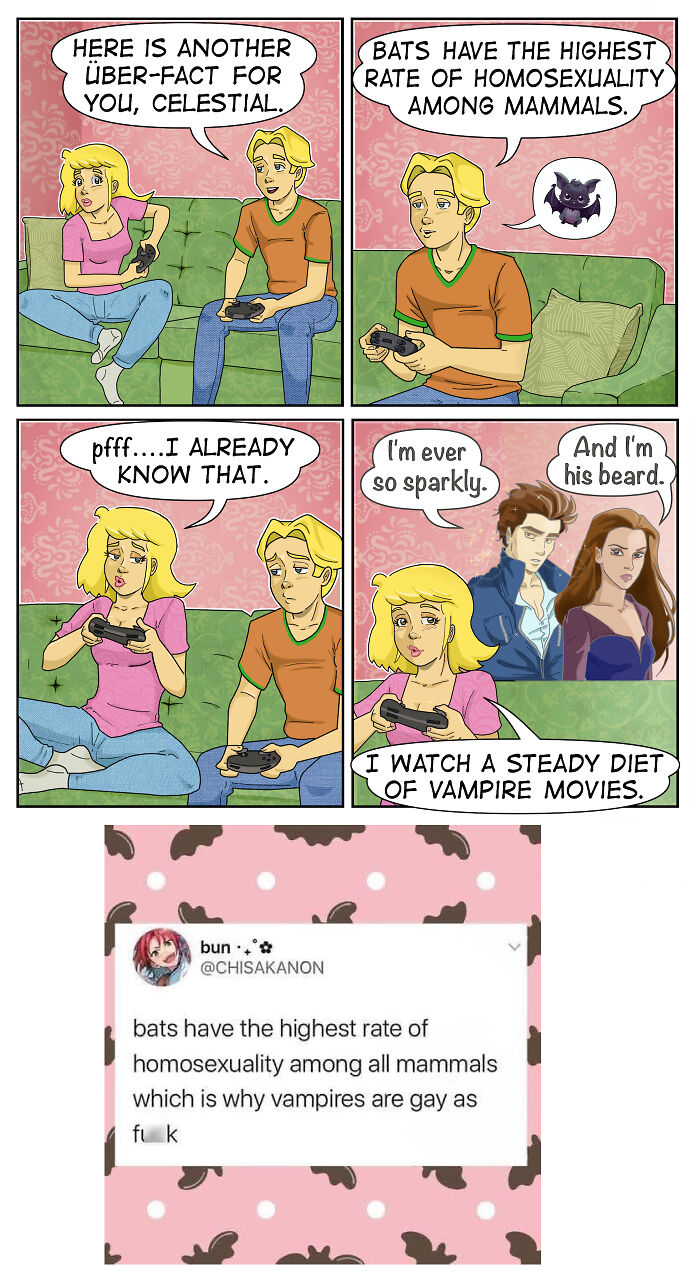 A comic panel featuring two characters discussing homosexual bats and vampire movies, full of sarcasm and awkward moments.