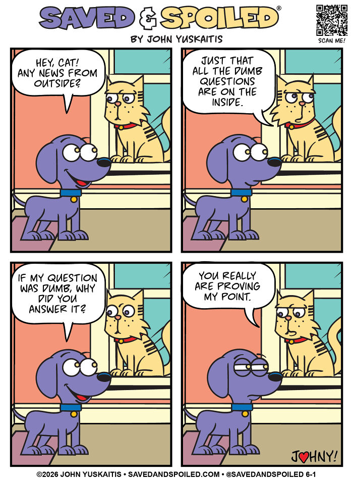 A comic of a cat and a dog figuring out how to coexist, with the dog asking the cat about outside news.