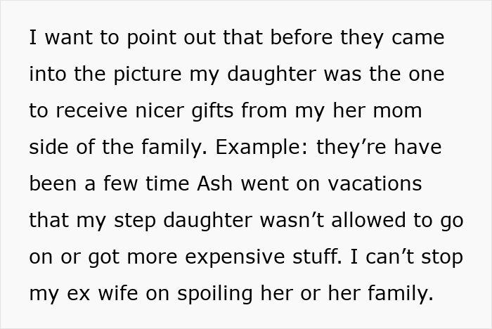 Screenshot of text detailing how one daughter received nicer gifts and vacations, fueling jealousy. Screenshot of text detailing how one daughter received nicer gifts and vacations, fueling jealousy.