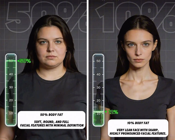 Fitness influencer demonstrates how different body fat percentages transform the same face. Fitness influencer demonstrates how different body fat percentages transform the same face.