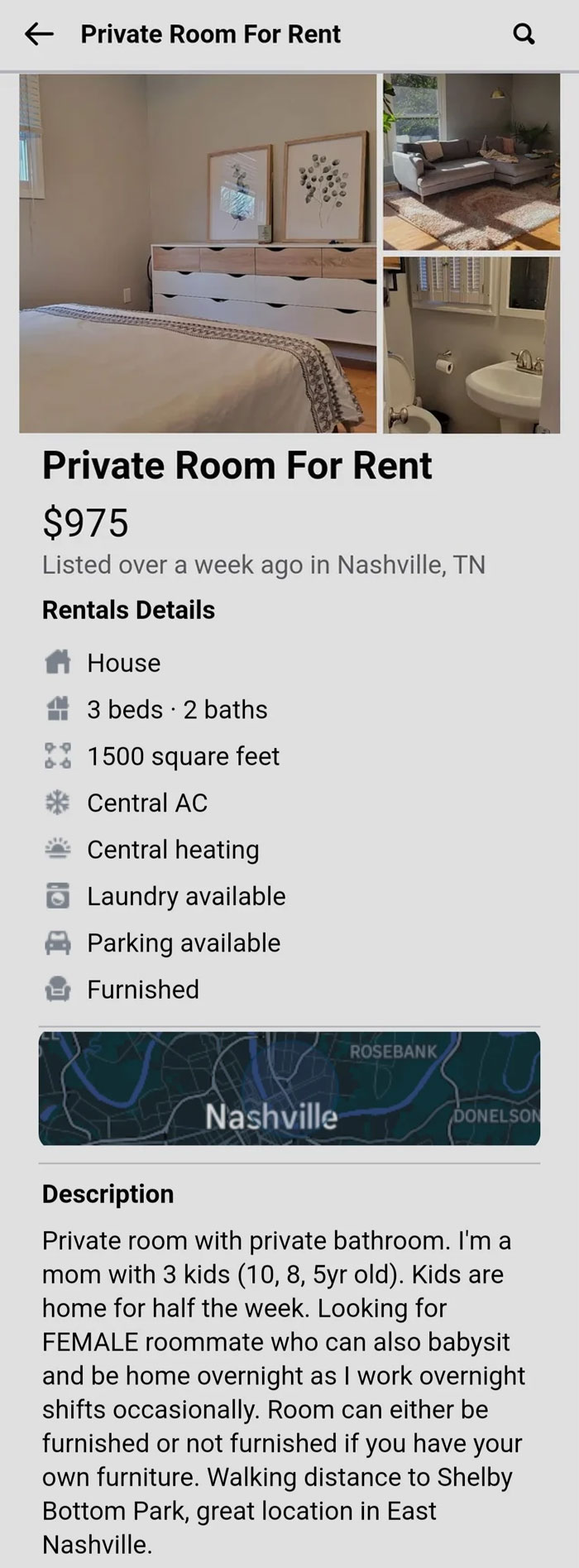 A room for rent ad where entitled parents require the female roommate to also babysit their three kids.