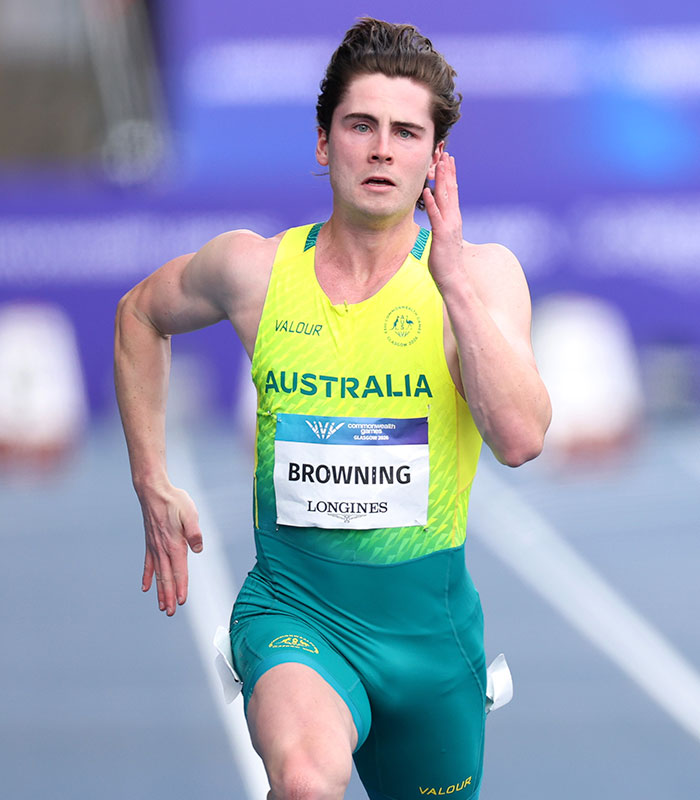 Male sprint star Rohan Browning mid-race. His intensity reflects the controversial rule affecting female athletes.