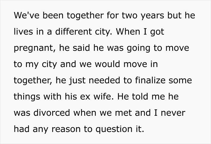 Further text explaining the pregnant woman's situation, her boyfriend's promise to move in before she gives birth, and his lies. Further text explaining the pregnant woman's situation, her boyfriend's promise to move in before she gives birth, and his lies.