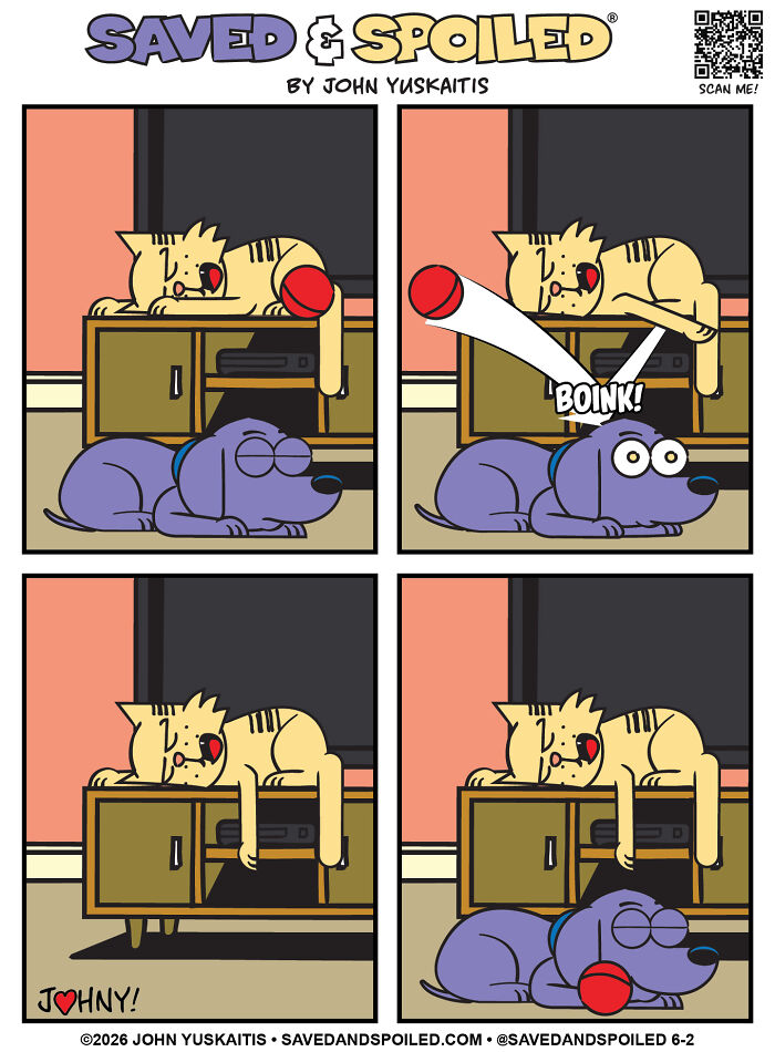 A comic of a cat and a dog figuring out how to coexist, with the cat dropping a ball on the dog.