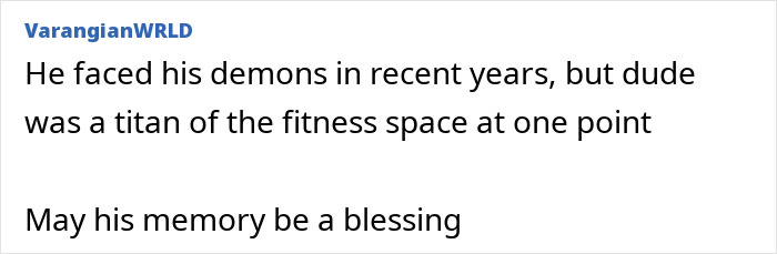 A comment about a Lookmaxxer's bizarre passing, acknowledging his fitness achievements and offering condolences. A comment about a Lookmaxxer's bizarre passing, acknowledging his fitness achievements and offering condolences.