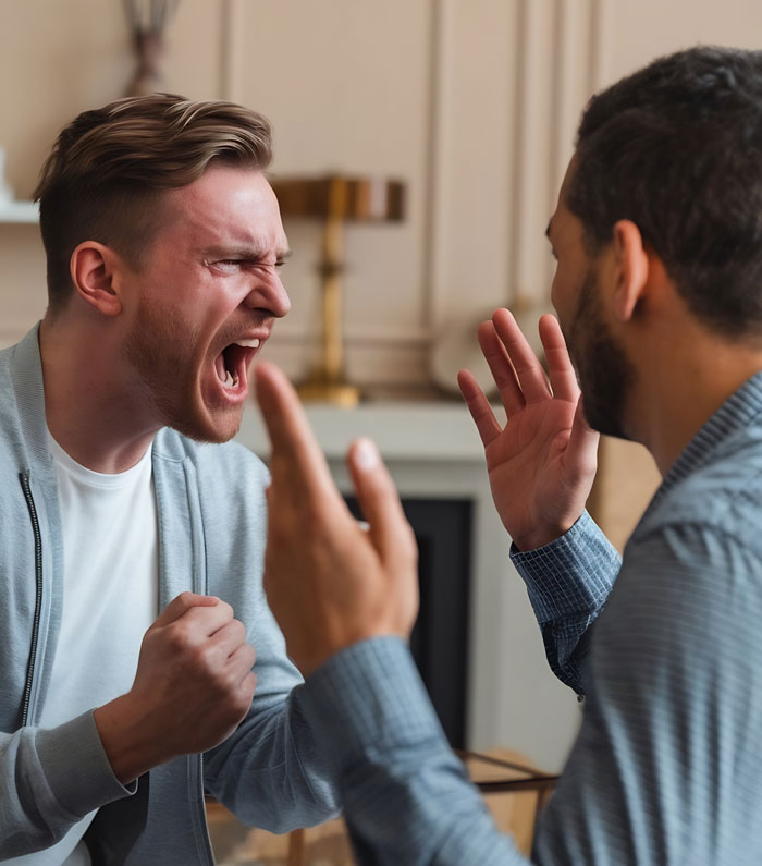 A man yelling aggressively at another person, illustrating the violent confrontation over the moocher raiding food.