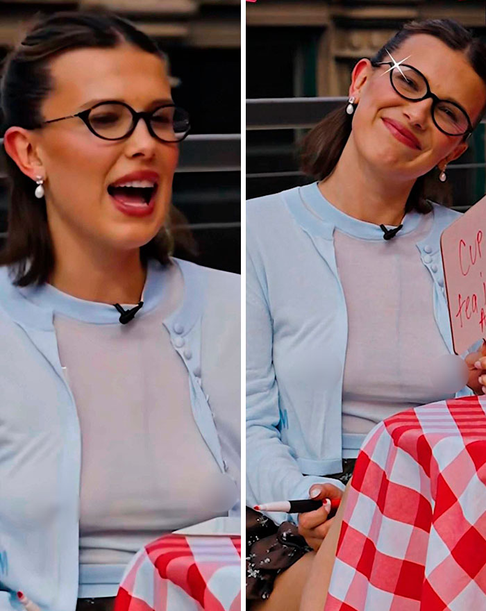 Millie Bobby Brown smiles wearing a sheer top and glasses, showcasing a style that has angered some fans. Millie Bobby Brown smiles wearing a sheer top and glasses, showcasing a style that has angered some fans.