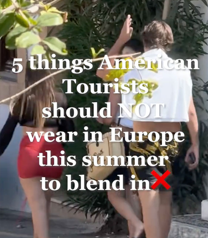 Text overlay on an image of people, warning American tourists about outfit mistakes to avoid in Europe.