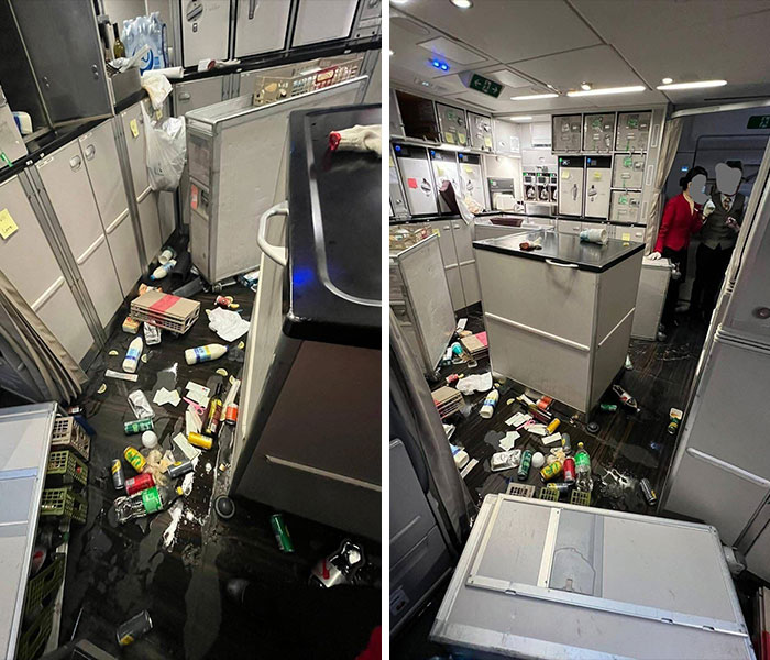 Airline galley messy with spilled food and drinks, depicting the effects of severe turbulence on flights. Airline galley messy with spilled food and drinks, depicting the effects of severe turbulence on flights.