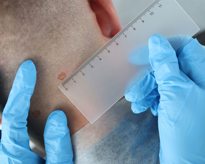 Dermatologist in blue gloves measuring a skin lesion on a patient's neck, checking for a red flag. Dermatologist in blue gloves measuring a skin lesion on a patient's neck, checking for a red flag.