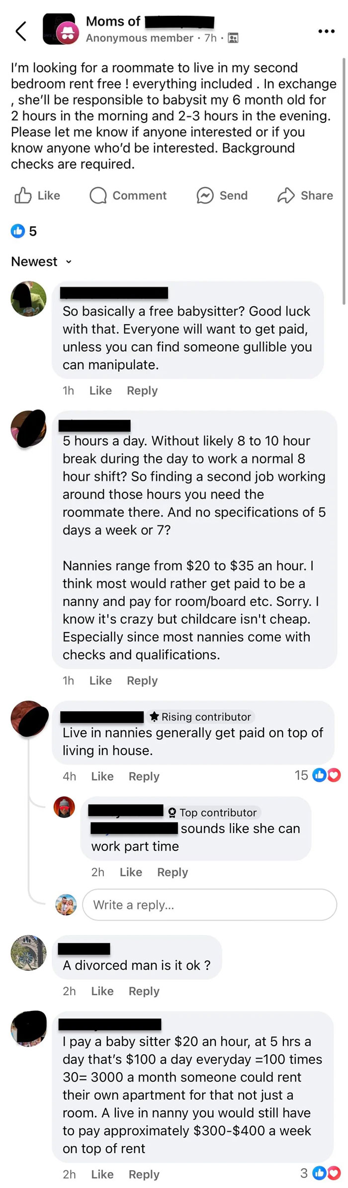 Entitled parents offering a room in exchange for extensive babysitting, facing criticism.