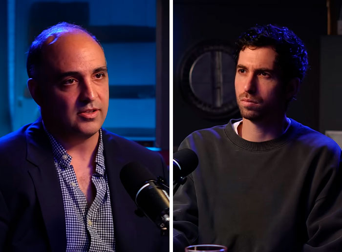 Two men, likely NASA whistleblowers, in a discussion about photos edited to hide an alien presence.