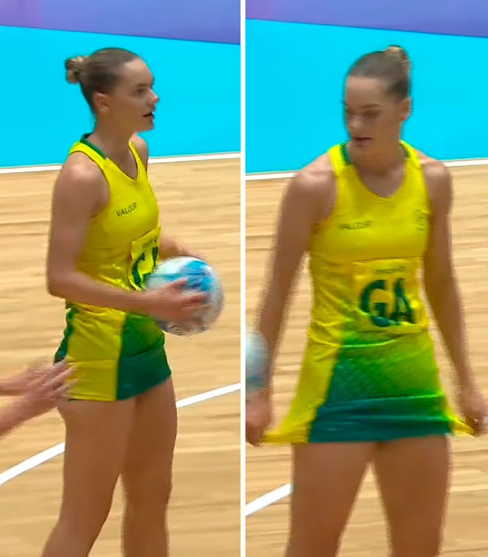 Side-by-side comparison of a female Australian team athlete adjusting her netball uniform, showing the wardrobe fail.