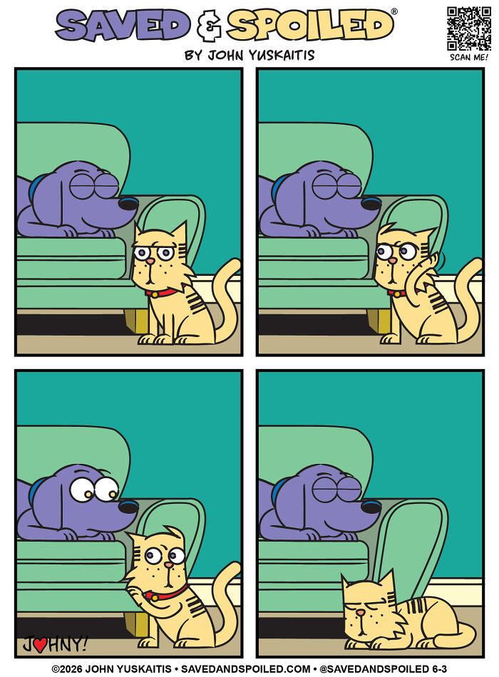 A comic of a cat and a dog figuring out how to coexist, with the cat reacting to the sleeping dog.