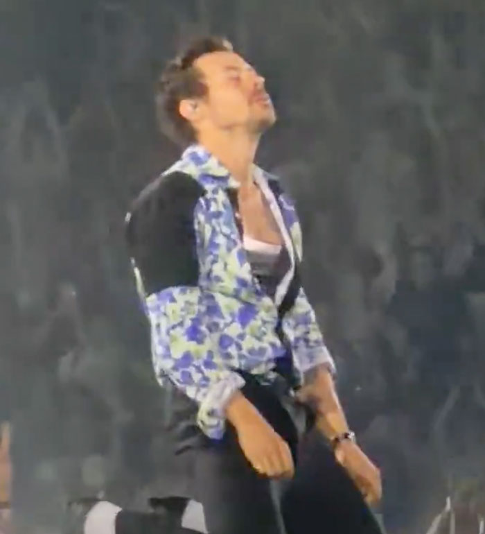 Harry Styles looking up, mid-performance, unaware of the impending wardrobe malfunction exposing his package on stage. Harry Styles looking up, mid-performance, unaware of the impending wardrobe malfunction exposing his package on stage.