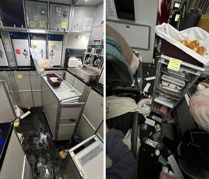 A chaotic airplane cabin after severe turbulence, highlighting the challenges of flying with increased turbulence. A chaotic airplane cabin after severe turbulence, highlighting the challenges of flying with increased turbulence.