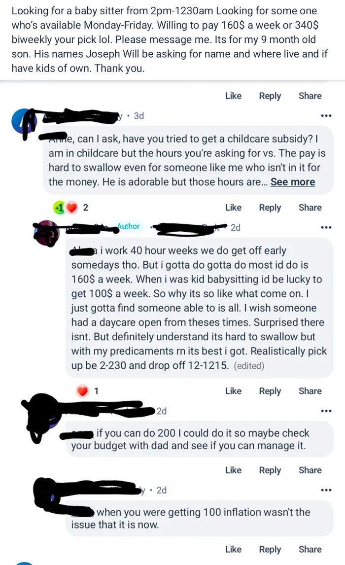 A social media post from entitled parents looking for a babysitter Monday-Friday from 2 PM to 12:30 AM, offering $160/week.