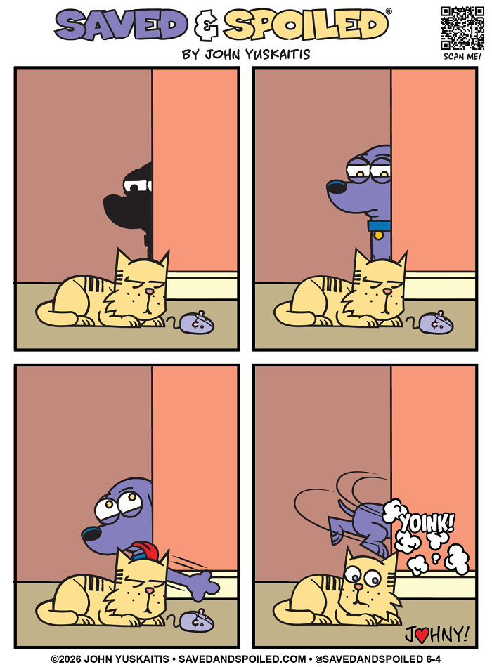 A comic of a cat and a dog figuring out how to coexist, with the dog playing pranks on the cat.