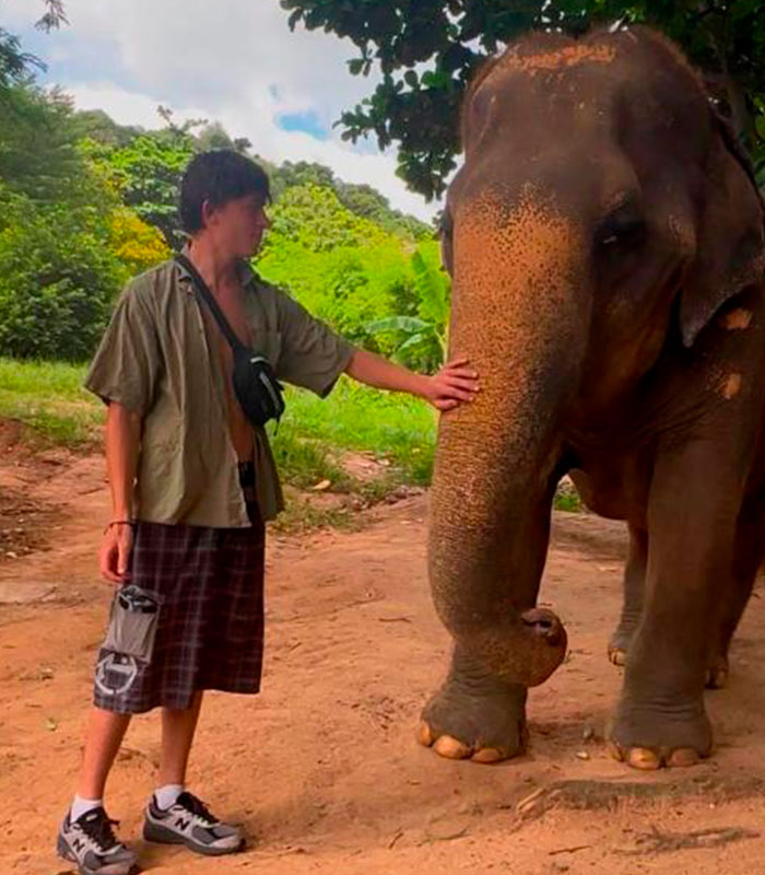 Teen son interacting with an elephant, a moment from his travels before facing Thai jail over airport crime.