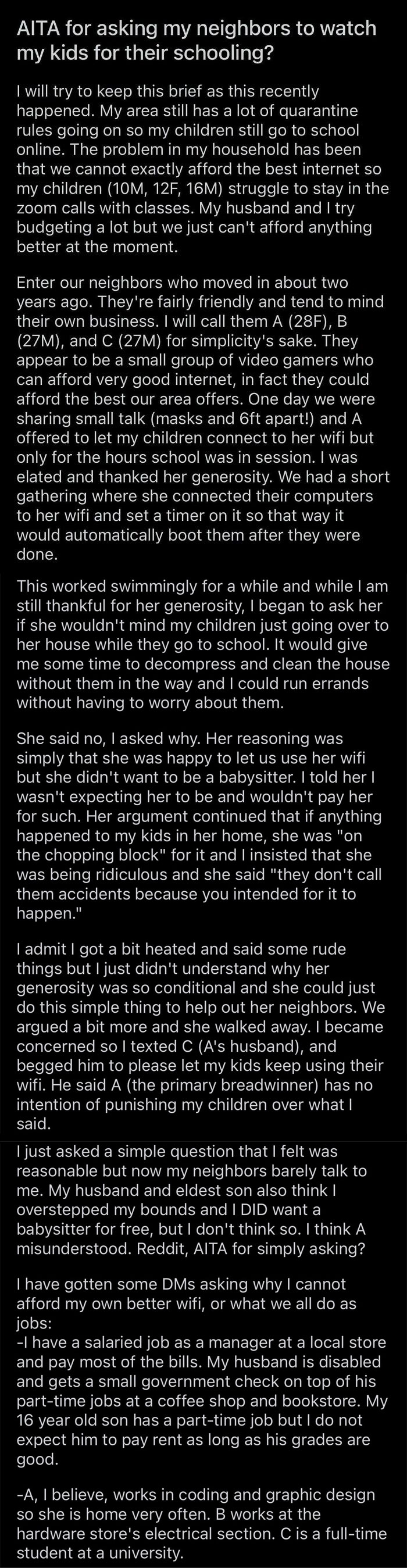 Delusional parents asking neighbors to babysit their kids for free, demonstrating a sense of entitlement.