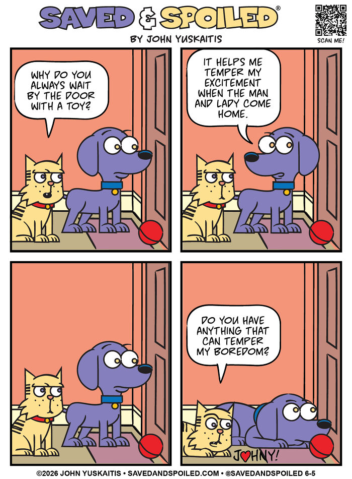 A comic of a cat and a dog figuring out how to coexist, with the dog waiting by the door with a toy.