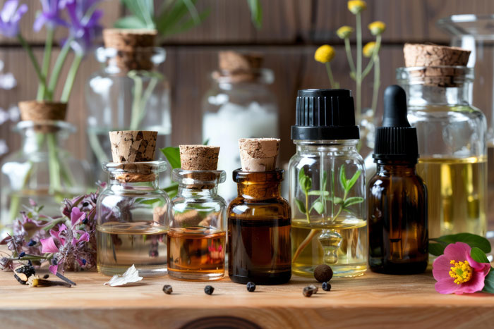 A collection of small glass bottles with corks and dropper tops, containing various essential oils and herbs, used in Thanksgiving dishes. A collection of small glass bottles with corks and dropper tops, containing various essential oils and herbs, used in Thanksgiving dishes.