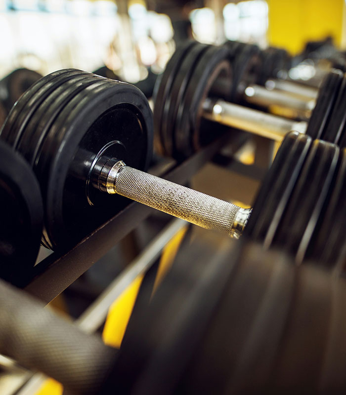 A close-up shot of dumbbells neatly arranged on a rack at a gym, ready for a gym workout.