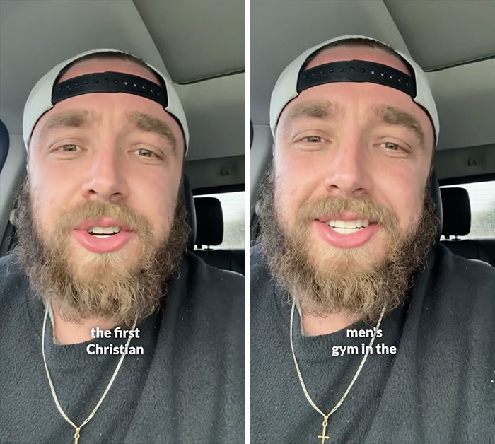 A split image of a man discussing the concept of a Christian men's gym.