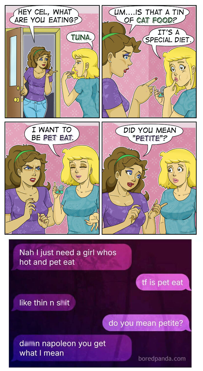 A comic featuring sarcasm, awkward moments, and dirty jokes about cat food and being pet-eaten.