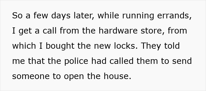 Text snippet: Hardware store calls about police inquiry for new locks, detailing an entitled mom trying to frame son. Text snippet: Hardware store calls about police inquiry for new locks, detailing an entitled mom trying to frame son.
