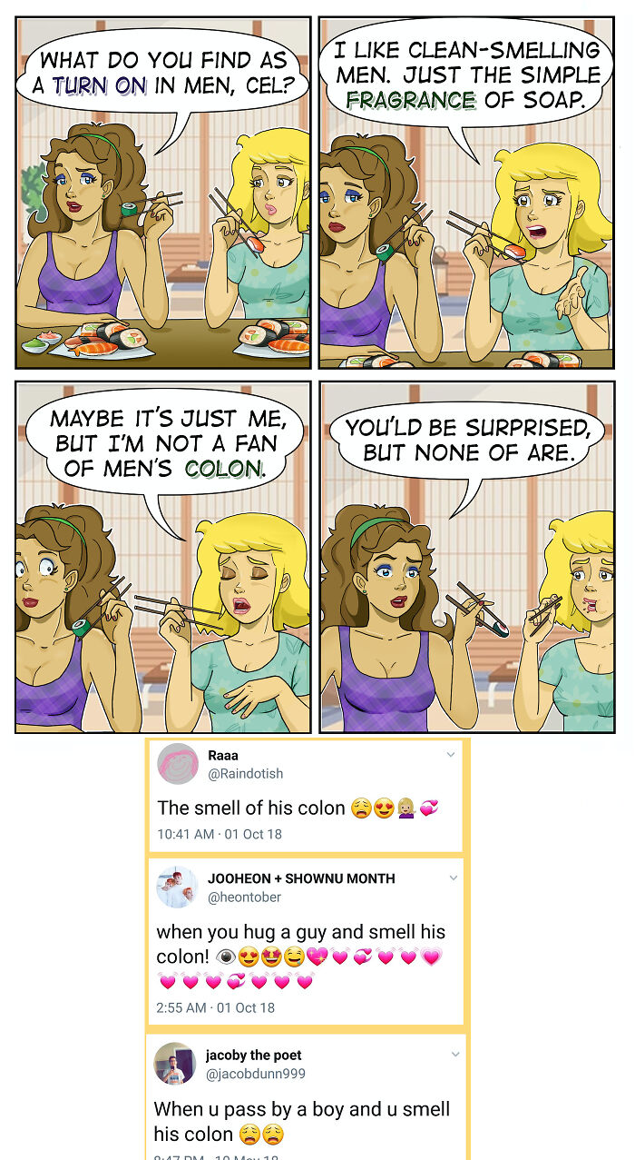 A comic full of sarcasm and dirty jokes, where a woman discusses men's fragrances with a friend.