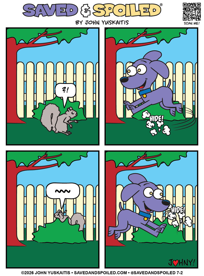A comic of a squirrel looking surprised as a dog hides behind a bush, showing a funny interaction between a dog and cat.