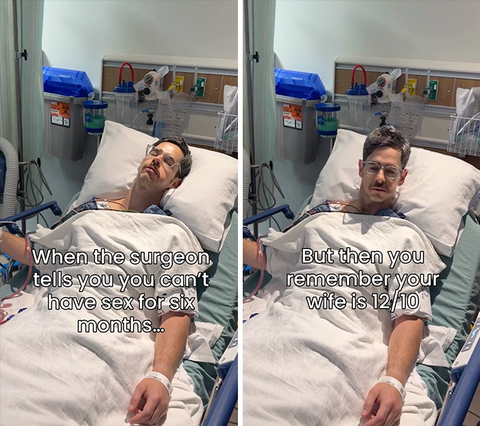 A meme with a man in a hospital bed, contemplating hypospadias and recovery, finding humor in struggles.