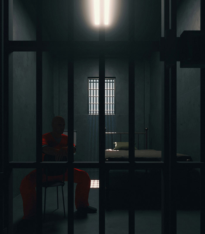 A teen son sits in a dimly lit Thai jail cell, looking out from behind bars, facing years for alleged airport crime.