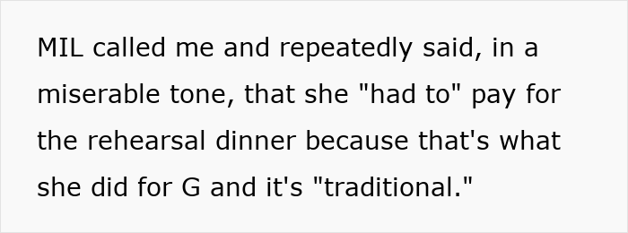 Text snippet: MIL complained about paying for the rehearsal dinner, fueling the family feud about the childfree wedding. Text snippet: MIL complained about paying for the rehearsal dinner, fueling the family feud about the childfree wedding.