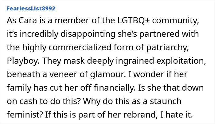 A lengthy comment from FearlessList8992 criticizing Playboy's rebranding and makeover of bunnies for exploitation. A lengthy comment from FearlessList8992 criticizing Playboy's rebranding and makeover of bunnies for exploitation.