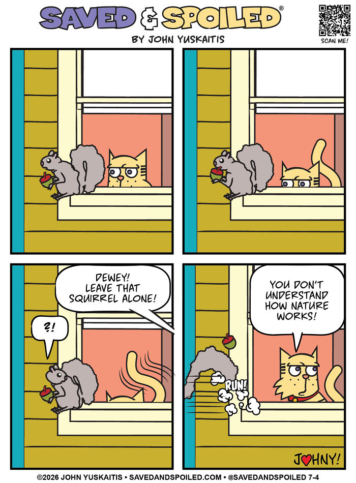 A comic of a cat observing a squirrel outside a window, with the cat reacting to the squirrel running away, highlighting how a dog and cat coexist.