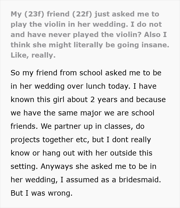 Screenshot of text about a bride asking a classmate to learn violin for her wedding, causing shock.