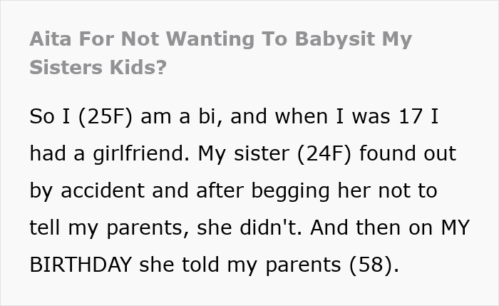 25YO Has No Babysitting Help For The Sis Who Outed Her To Their Family And Destroyed Her Teen Years 25YO Has No Babysitting Help For The Sis Who Outed Her To Their Family And Destroyed Her Teen Years