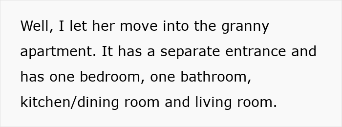 Screenshot of text describing a granny apartment, related to an entitled mom trying to frame her son. Screenshot of text describing a granny apartment, related to an entitled mom trying to frame her son.
