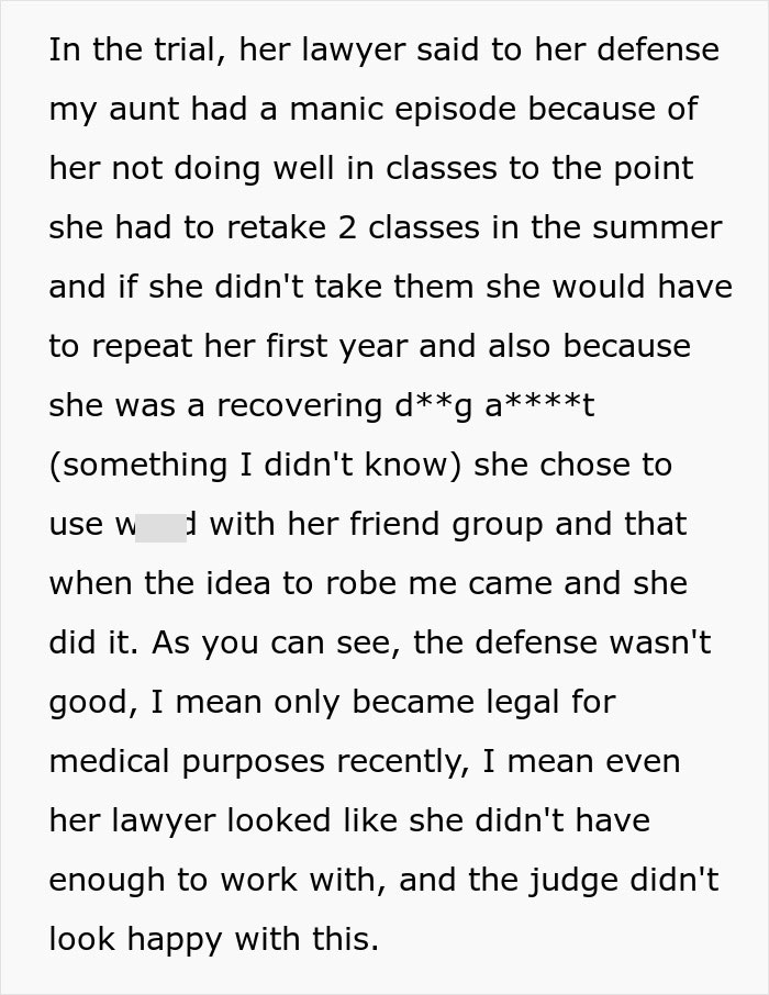 Text snippet detailing the lawyer's defense regarding the aunt's manic episode and d**g use after denying money. Text snippet detailing the lawyer's defense regarding the aunt's manic episode and d**g use after denying money.