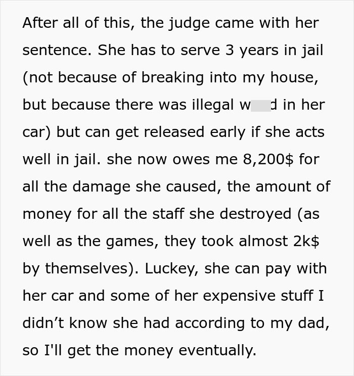Text snippet explaining the judge's sentence for the aunt, including jail time and monetary damages owed. Text snippet explaining the judge's sentence for the aunt, including jail time and monetary damages owed.