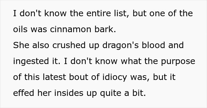 Screenshot of text detailing a witchy MIL ingesting cinnamon bark and dragon's blood as a potion.