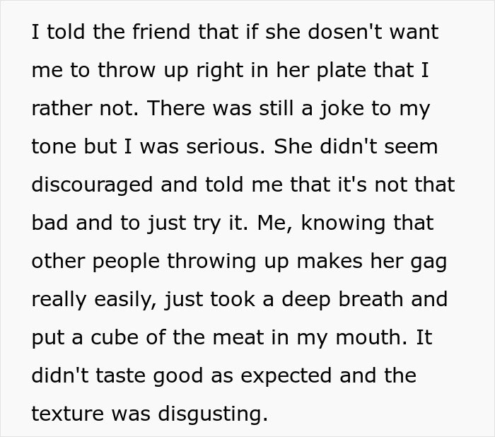 A teen shows friend what happens if forced to eat unwanted food, describing gagging when forced to eat meat. A teen shows friend what happens if forced to eat unwanted food, describing gagging when forced to eat meat.