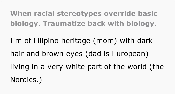 Text explaining a mixed-race mom's Filipino heritage and European dad, facing queries about her blue-eyed kid. Text explaining a mixed-race mom's Filipino heritage and European dad, facing queries about her blue-eyed kid.
